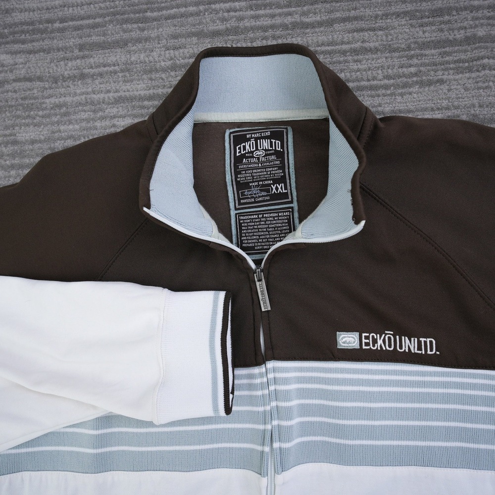 Ecko Unltd Mens XXL Track Jacket Brown White Striped Full Zip Streetwear Y2K